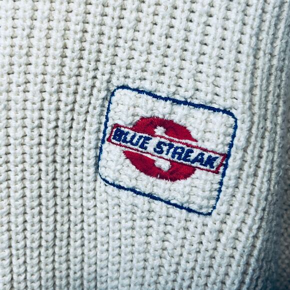 McBriar VTG 90s Blue Streak Sweater Men Pullover Cream Ribbed Knit Cotton L - Picture 3 of 6